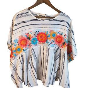 Savanna Jane Floral Embroidered Boho Striped Blouse White Navy Peasant Top S/M